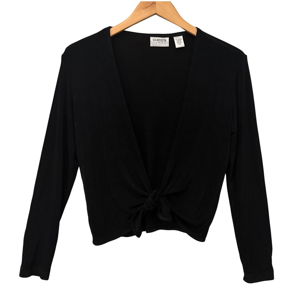Chicos Travelers Black Tie Front Cardigan Long Sleeve Crop Sz 0 Stretch Layering